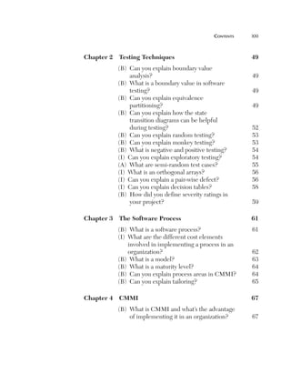 cOntents	   xxi



    Chapter2 TestingTechniques                             49
               (B) Can you explain boundary value
                   analysis?                                   49
               (B) What is a boundary value in software
                   testing?                                    49
               (B) Can you explain equivalence
                   partitioning?                               49
               (B) Can you explain how the state
                   transition diagrams can be helpful
                   during testing?                             52
               (B) Can you explain random testing?             53
               (B) Can you explain monkey testing?             53
               (B) What is negative and positive testing?      54
               (I) Can you explain exploratory testing?        54
               (A) What are semi-random test cases?            55
               (I) What is an orthogonal arrays?               56
               (I) Can you explain a pair-wise defect?         56
               (I) Can you explain decision tables?            58
               (B) How did you define severity ratings in
                   your project?                               59

    Chapter3 TheSoftwareProcess                           61
               (B) What is a software process?                 61
               (I) What are the different cost elements
                   involved in implementing a process in an
                   organization?                               62
               (B) What is a model?                            63
               (B) What is a maturity level?                   64
               (B) Can you explain process areas in CMMI?      64
               (B) Can you explain tailoring?                  65

    Chapter4 CMMI                                           67
               (B) What is CMMI and what’s the advantage
                   of implementing it in an organization?      67
 