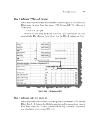teSting	eStimation	      199



Step 4: Calculate TPf for each function
       In this step we calculate TPf (number of test points assigned to each function). 
       This is done by using three data values (FPf, Df, and Qd). The following is 
       the formula:
           TPf 5 FPf * Df * Qd
           Because  we  are  using  the  Excel  worksheet  these  calculations  are  done 
       automatically. The following figure shows how the TPf calculations are done.




                            Figure 183  Calculation of TPf


Step 5: Calculate static test points Qs
       In this step we take into account the static quality characteristic of the project. 
       This is done by defining a checklist of properties and then assigning a value of 
       16 to those properties. For this project we have only considered easy-to-use 
       as a criteria and hence assigned 16 to it. 
 