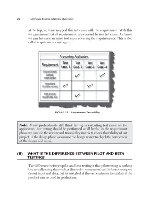 0	      Software	teSting	interview	QueStionS



       at the top, we have mapped the test cases with the requirement. With this
       we can ensure that all requirements are covered by our test cases. As shown
       we can have one or more test cases covering the requirements. This is also
       called requirement coverage.




                             Figure 25  Requirement Traceability



 Note: Many professionals still think testing is executing test cases on the
 application. But testing should be performed at all levels. In the requirement
 phase we can use the review and traceability matrix to check the validity of our
 project. In the design phase we can use the design review to check the correctness
 of the design and so on.


(B)	 	 hat	Is	the	dIfference	Between	pIlot	and	Beta	
     w
     testIng?

       The difference between pilot and beta testing is that pilot testing is nothing
       but actually using the product (limited to some users) and in beta testing we
       do not input real data, but it’s installed at the end customer to validate if the
       product can be used in production.
 