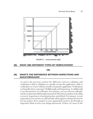 Software	teSting	BaSicS	    




                         Figure 31  Environmental reality


(B)	 what	are	dIfferent	types	of	verIfIcatIons?

                                      or

(B)	 what’s	the	dIfference	Between	InspectIons	and	
     	
     walkthroughs?

     As said in the previous sections the difference between validation and
     verification is that in validation we actually execute the application, while in
     verification we review without actually running the application. Verifications
     are basically of two main types: Walkthroughs and Inspections. A walkthrough
     is an informal form of verification. For instance, you can call your colleague
     and do an informal walkthrough to just check if the documentation and coding
     is correct. Inspection is a formal procedure and official. For instance, in your
     organization you can have an official body which approves design documents
     for any project. Every project in your organization needs to go through an
     inspection which reviews your design documents. If there are issues in the
 