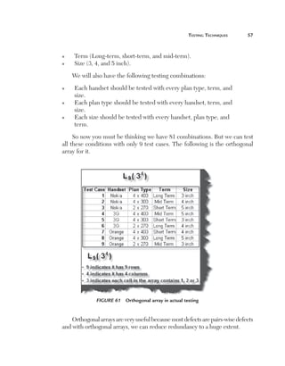 teSting	techniQueS	     57



    n    Term (Long-term, short-term, and mid-term).
    n    Size (3, 4, and 5 inch).

        We will also have the following testing combinations:
    n    Each handset should be tested with every plan type, term, and
         size.
    n    Each plan type should be tested with every handset, term, and
         size.
    n    Each size should be tested with every handset, plan type, and
         term.

         So now you must be thinking we have 81 combinations. But we can test
    all these conditions with only 9 test cases. The following is the orthogonal
    array for it.




                  Figure 61  Orthogonal array in actual testing


        Orthogonal arrays are very useful because most defects are pairs-wise defects
    and with orthogonal arrays, we can reduce redundancy to a huge extent.
 