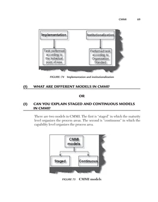 CMMi	   69




                 Figure: 74  Implementation and institutionalization 


(i)	   What	are	different	Models	in	CMMi?

                                        or

(i)	   C
       	 an	you­	explain	staged	and	Continu­ou­s	Models		
       in	CMMi?

       There are two models in CMMI. The first is “staged” in which the maturity
       level organizes the process areas. The second is “continuous” in which the
       capability level organizes the process area.




                          Figure 75     CMMI models
 