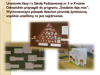 Uczniowie klasy I a Szkoły Podstawowej nr 3 w Krośnie
Odrzańskim przystąpili do programu „Śniadanie daje moc”.
Wychowawczyni pokazała dzieciom piramidę żywieniową
wspólnie ustaliliśmy co jest najzdrowsze.
 