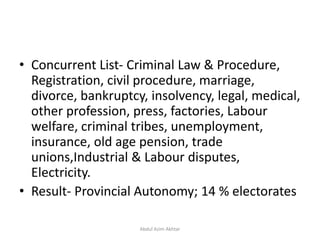 • Concurrent List- Criminal Law & Procedure,
Registration, civil procedure, marriage,
divorce, bankruptcy, insolvency, legal, medical,
other profession, press, factories, Labour
welfare, criminal tribes, unemployment,
insurance, old age pension, trade
unions,Industrial & Labour disputes,
Electricity.
• Result- Provincial Autonomy; 14 % electorates
Abdul Azim Akhtar
 