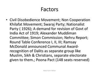 Factors
• Civil Disobedience Movement; Non Cooperation
Khilafat Movement; Swaraj Party; Nationalist
Party ( 1926); A demand for revision of Govt of
India Act of 1919; Alexander Muddiman
Committee; Simon Commission; Nehru Report;
Round Table Conference I, II, III; Ramsay
McDonald announced Communal Award-
recognition of Dalits as separate group like
Muslim, Sikh & Christians, separate electorate
given to them.; Poona Pact (148 seats reserved)
Abdul Azim Akhtar
 