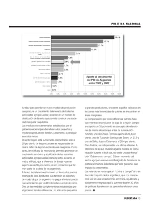 POLITICA NACIONAL




tunidad para acordar un nuevo modelo de producción          y grandes productores, sino entre aquellos radicados en
que procure un crecimiento balanceado de todas las          las zonas más favorecidas de quienes se encuentran en
actividades agropecuarias y avanzar en un modelo de         áreas marginales.
distribución de la renta que permita construir una socie-   La compensación por costo diferencial del flete hará
dad más justa y equitativa.                                 que mientras un productor de soja de la región pampe-
Las medidas complementarias establecidas por el             ana aporta un 35 por ciento en concepto de retencio-
gobierno nacional para beneficiar a los pequeños y          nes (la misma alícuota que antes de la resolución
medianos productores tienden, justamente, a perseguir       125/08), uno de Chaco-Formosa aporte el 29,4 por
esas dos metas.
                                                            ciento, uno de Tucumán-Santiago del Estero un 27,9 y
El sector sojero está sumamente concentrado: sólo el
                                                            uno de Salta, Jujuy o Catamarca el 26,4 por ciento.
20 por ciento de los productores es responsable de
                                                            Para finalizar, es indispensable una última reflexión. A
casi la mitad de la producción de esa oleaginosa. Por lo
                                                            diferencia de lo que titularon algunos medios de comu-
tanto, un nivel alto de retenciones permitirá promover un
                                                            nicación durante el lock-out, no existe una confronta-
crecimiento armónico y equilibrado de las restantes
                                                            ción “Gobierno vs. campo”. El buen momento del
actividades agropecuarias (como la leche, la carne, el
                                                            sector agropecuario no está desligado de decisiones de
maíz y el trigo), que a diferencia de la soja –que se
exporta en un 95 por ciento– sí son productos que for-      política económica adoptadas por este gobierno, que
man parte de la dieta de los argentinos.                    impulsó su crecimiento.
A la vez, las retenciones imponen un freno a los precios    Las retenciones no se aplican “contra el campo” sino en
internos de esos productos que también se exportan,         favor del conjunto de los argentinos, que nos merece-
de modo tal que un argentino no pague el mismo precio       mos vivir en una sociedad más armónica, equilibrada y
que un holandés por un litro de leche o un kilo de carne.   socialmente integrada que la que nos dejaron 30 años
Otra de las medidas complementarias establecidas por        de políticas liberales con las que se beneficiaron unos
el gobierno tiende a diferenciar, no sólo entre pequeños    pocos.


                                                                                                   SUDESTADA 13
 