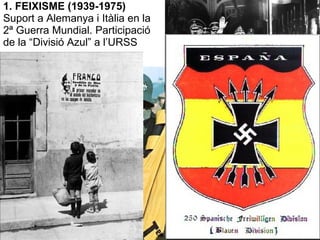 1. FEIXISME (1939-1975)
Suport a Alemanya i Itàlia en la
2ª Guerra Mundial. Participació
de la “Divisió Azul” a l’URSS
 