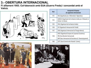 3.- OBERTURA INTERNACIONAL
Fi aïllament 1953. Col·laboració amb EUA (Guerra Freda) i concordat amb el
Vaticà.
 
