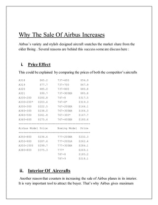 Why The Sale Of Airbus Increases
Airbus’s variety and stylish designed aircraft snatches the market share from the
older Boing . Several reasons are behind this success someare discuss here :
i. Price Effect
This could be explained by comparing the prices of both the competitor’s aircrafts
A318 $65.2 737-600 $56.9
A319 $77.7 737-700 $67.9
A320 $85.0 737-800 $80.8
A321 $99.7 737-900ER $85.8
A330-200 $200.8 747-8 $317.5
A330-200* $203.6 747-8* $319.3
A330-300 $222.5 767-200ER $144.1
A340-300 $238.0 767-300ER $164.3
A340-500 $261.8 767-300* $167.7
A340-600 $275.4 767-400ER $180.6
============================================
Airbus Model Price Boeing Model Price
============================================
A350-800 $236.6 777-200ER $232.3
A350-900 $267.6 777-200LR $262.4
A350-1000 $299.7 777-300ER $284.1
A380-800 $375.3 777* $269.1
787-8 $185.2
787-9 $218.1
ii. Interior Of Aircrafts
Another reason that counters in increasing the sale of Airbus planes in its interior.
It is very important tool to attract the buyer. That’s why Airbus gives maximum
 