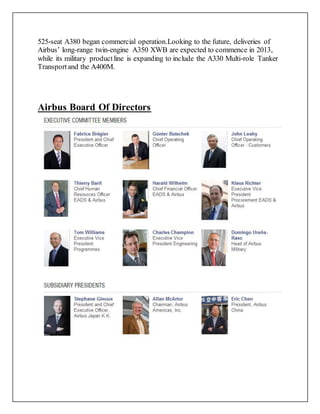 525-seat A380 began commercial operation.Looking to the future, deliveries of
Airbus’ long-range twin-engine A350 XWB are expected to commence in 2013,
while its military productline is expanding to include the A330 Multi-role Tanker
Transportand the A400M.
Airbus Board Of Directors
 