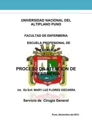 UNIVERSIDAD NACIONAL DEL
ALTIPLANO PUNO
FACULTAD DE ENFERMERIA
ESCUELA PROFESIONAL DE
ENFERMERÍA
PROCESO DE ATENCION DE
ENFERMERIA
Int. De Enf: MARY LUZ FLORES VIZCARRA
Servicio de Cirugía General
Puno, Noviembre del 2013
 