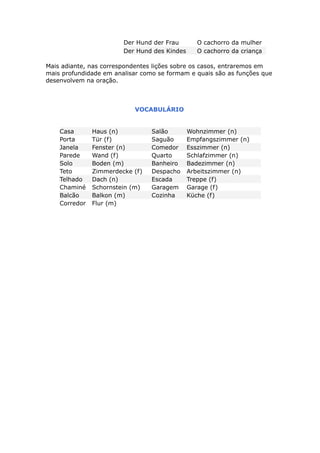 Der Hund der Frau O cachorro da mulher
Der Hund des Kindes O cachorro da criança
Mais adiante, nas correspondentes lições sobre os casos, entraremos em
mais profundidade em analisar como se formam e quais são as funções que
desenvolvem na oração.
VOCABULÁRIO
Casa Haus (n) Salão Wohnzimmer (n)
Porta Tür (f) Saguão Empfangszimmer (n)
Janela Fenster (n) Comedor Esszimmer (n)
Parede Wand (f) Quarto Schlafzimmer (n)
Solo Boden (m) Banheiro Badezimmer (n)
Teto Zimmerdecke (f) Despacho Arbeitszimmer (n)
Telhado Dach (n) Escada Treppe (f)
Chaminé Schornstein (m) Garagem Garage (f)
Balcão Balkon (m) Cozinha Küche (f)
Corredor Flur (m)
 