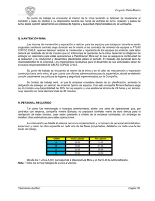 Proyecto Cielo Abierto
Su punto de trabajo se encuentra al interior de la mina teniendo la facilidad de trasladarse al
comedor y casa de cambio a su disposición durante las horas de entrada de turno, colación y salida de
turno. Debe cumplir cabalmente las políticas de higiene y seguridad implementadas por la Compañía.
Q. MANTENCIÓN MINA
Las labores de mantención y reparación a realizar para los equipos que trabajaran durante el serán
asignadas mediante contrato cuya duración es la misma a los contratos de arriendo de equipos a ATLAS
COPCO CHILE, quienes deberán realizar la mantención y reparación de los equipos en arriendo, esta labor
deberá ser realizada de tal de manera que no interrumpa la operación de la mina, teniendo la obligación de
entregar un calendario para estas operaciones a Planificación Mina con lo que se asegura la continuidad de
la operación y la producción y desarrollos planificados paras el periodo. El traslado del personal será de
responsabilidad de la empresa. Los implementos necesarios para el desarrollo de sus actividades serán de
exclusiva responsabilidad de ATLAS COPCO CHILE.
Su punto de trabajo se encuentra al interior de la mina y en el taller de manutención y reparación
construido fuera de la mina, el que cuanta con oficinas administrativas para la supervisión, donde se deberán
cumplir cabalmente las políticas de higiene y seguridad implementadas por la Compañía.
Su horario de trabajo será el que la empresa considere dentro de su planificación, teniendo la
obligación de entregar un servicio de arriendo óptimo de equipos. Con esto compañía Minera Barbara exige
en el contrato una disponibilidad del 95% de los equipos y una asistencia técnica de 24 horas y en terreno,
cuya reacción no debe demorar más de 30 minutos.
R. PERSONAL REQUERIDO
Tal como fue mencionado e ilustrado anteriormente, existe una serie de operaciones que, por
contratos con terceros, compañía minera Bárbara, no precisará contratar mano de obra directa para la
realización de estas labores, pues estas quedarán a criterio de la empresa contratada; sin embargo se
detallan cifras estimativas para estas operaciones.
A continuación se detalla el sistema de turnos implementado y el número de personal administrativo,
supervisor y mano de obra requerida en cada una de las fases proyectadas, detallado por cada una de las
áreas de trabajo.
TURNO Inicio Labores Fin Labores
A 05:00 13:00
B 13:00 21:00
C 21:00 05:00
D 07:00 19:00
Donde los Turnos A,B,C corresponde a Operaciones Mina y el Turno D de Administración.
Nota: Todos los turnos trabajan de Lunes a Viernes
Yacimiento Aurífero Pagina 30
 