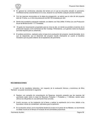 Proyecto Cielo Abierto
 En general las condiciones naturales del terreno en el cual se encuentra ubicado el yacimiento,
manifiesta buenas características en la roca, situación la cual facilita cualquier proceso extractivo.
 Con las reservas reconocidas en la etapa de prospección, se estimo que la vida útil del proyecto
será de 10 años, a un ritmo de producción de 945.702 toneladas por año.
 Dentro de la posterior evaluación realizada, se obtiene una Vida Utillde 10 Años con una Producción
Anual de Mineral de 801.117 Toneladas.
 El grado de mecanización proyectado para la mina es alto, en donde se pondrán al servicio de la
producción equipos como Camiones de Alto Tonelaje, Perforadoras, y en general, todos los Equipos
que esta requiera para su desarrollo.
 El análisis económico, realizado sobre la base de la evaluación del proyecto, resulta favorable, de lo
que se desprende, que el desarrollo del proyecto resulta interesante en cuanto al beneficio
monetario que se pueda obtener de la explotación del yacimiento.
RECOMENDACIONES
A partir de los resultados obtenidos, con respecto de la evaluación técnica y económica de Mina
“Barbara”, se puede recomendar lo siguiente:
 Realizar una campaña de comprobación de Reservas, teniendo presente que las reservas del
yacimiento están sobre la base de Recursos Probados + Probables y + Inferidos, siendo estos
ultimos los influyentes en una estimación final concreta.
 Invertir recursos, en las instalación de la faena y realizar la explotación de la mina, debido a los
favorables índices de rentabilidad estimados para la operación.
 En la situación actual, con la importante tendencia al alza en el precio de los Metales, se recomienda
no dilatar mucho en el tiempo la iniciación de las actividades productivas.
Yacimiento Aurífero Pagina 59
 