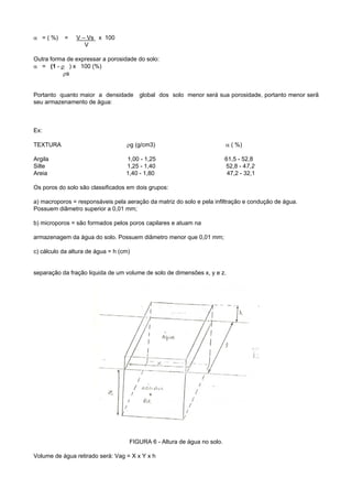α = ( %)   =    V – Vs x 100
                   V

Outra forma de expressar a porosidade do solo:
α = (1 - ρ ) x 100 (%)
          ρs


Portanto quanto maior a densidade       global dos solo menor será sua porosidade, portanto menor serã
seu armazenamento de água:



Ex:

TEXTURA                            ρg (g/cm3)                            α ( %)

Argila                             1,00 - 1,25                           61,5 - 52,8
Silte                              1,25 - 1,40                           52,8 - 47,2
Areia                              1,40 - 1,80                            47,2 - 32,1

Os poros do solo são classificados em dois grupos:

a) macroporos = responsáveis pela aeração da matriz do solo e pela infiltração e condução de água.
Possuem diâmetro superior a 0,01 mm;

b) microporos = são formados pelos poros capilares e atuam na

armazenagem da água do solo. Possuem diâmetro menor que 0,01 mm;

c) cálculo da altura de água = h (cm)


separação da fração liquida de um volume de solo de dimensões x, y e z.




                                    FIGURA 6 - Altura de água no solo.

Volume de água retirado será: Vag = X x Y x h
 