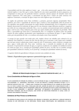 A porosidade total dos solos argilosos é maior que a dos solos arenosos pelo seguinte feito: como o
material argiloso é mas fino que as areias, dispõem de uma maior quantidade de poros pequenos, em
comparação às areias que são partículas maiores e portanto, deixam espaços de tamanho maior mas
menos numerosos. Por outra parte, o movimento da água livre é major em quão arenosos nos
argilosos. Entretanto, a retenção de água é major nos solos argilosos que nos arenosos.

As argilas são partículas muito finas (colóides) e, portanto, possuem algumas propriedades físico-
químicas, tais como a capacidade de absorver água e inchar-se. Esta propriedade, além de possuir em
sua superfície uma grande concentração de cargas elétricas desbalanceadas, faz-as comportar-se como
lâminas absorventes de moléculas de água, por ter este elemento cargas diferentes positivas e negativas
por efeito de sua composição molecular. Isto, a sua vez, produz um potencial para atrair moléculas de
água e retê-la com a força suficiente para evitar que sejam atraídas pela aceleração de gravidade. Além
disso, a porosidade que deixa livre é extremamente fina e se comporta na prática como um grande
número de tubos capilares, produzindo outro impedimento ao movimento da água. A água é atraída,
então, por tais partículas do solo e se conhece esta atração como força matricial.

A energia da água quando está retida pelo solo, implica efetuar um trabalho para subtrai-la de seu
ambiente. Este ambiente é a matriz do solo. Em tão mais seco se encontre o solo, major será o trabalho
que terá que exercer a planta para extrair a água do solo. É interessante, então, conhecer a energia com
que a água é retida pelo solo. Esta varia conforme seja o conteúdo de umidade do solo nesse
momento. O potencial de retenção da água, se expressa usualmente em unidades de medida de metros
de coluna de água, m.c.a. (energia por quantidade unitária de peso), em kPa, bar ou centibar (energia
por quantidade unitária de volume), ou no Joule*kg-1 (energia por quantidade unitária de massa).

A seguinte tabela de equivalência é útil para converter uma unidade em outra.

Tabela 1. Equivalência para expressar o potencial de água no solo.

                                 Unidade                                Equivalência
                                  1 bar                                100 kPa ≅ 1 atm
                                  1 bar                                100 Joule/kg
                                  1 bar                                   10 m.c.a.
                                  1 bar                                  100 centibar


        - Método de Determinação de água ( θ) e o potencial matricial do solo ( ψm )

Curva Característica de Retenção de Água no Solo


A curva característica de retenção de umidade ou curva de retenção de água, ou simplesmente curva característica, é
uma propriedade ou característica físico-hídrica do solo que relaciona o conteúdo volumétrico de água ( θ) e o
potencial matricial do solo ( ψm ). Muitas vezes, é expresso como carga hidráulica (h) em unidades de coluna d’água
(cm, m). Como o próprio nome indica, é típica para cada solo, variando de acordo com a classe textural do solo, o
conteúdo de matéria orgânica, grau de compactação, classe de solo, geometria dos poros e outras propriedades físicas
do solo. A curva característica é geralmente determinada em laboratório e de preferência em amostras não
deformadas. Entretanto, para fins de pesquisa, pode também ser determinada diretamente no campo, sendo um
processo mais trabalhoso e demorado.

Extratores de Placa Porosa ou de Membrana

Os extratores de placa porosa ou de membrana são utilizados no laboratório, para determinar o potencial matricial de
amostras de solo deformadas ou não deformadas. Através dessas determinações, são estabelecidas as curvas
 