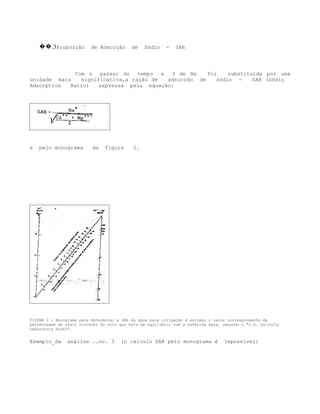 ��.3Proporção         de Adsorção      de    Sódio    -   SAR




             Com o passar do tempo a % de Na         foi    substituída por uma
unidade mais   significativa,a razão de  adsorção de    sódio -     SAR (Sódio
Adsorption  Ratio)   expressa pela equação:




e   pelo monograma        da    figura      2.




FIGURA 2 - Monograma para determinar a SAR da água para irrigação e estimar o valor correspondente da
percentagem de sódio trocável do solo que esta em equilíbrio com a referida água, segundo o "U.S. Salinity
Laboratory Staff".


Exemplo_da      análise ..no. 3       (o cálculo SAR pelo monograma é             impossível)
 
