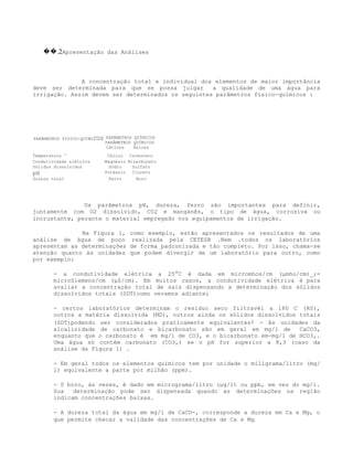 ��.2Apresentação das Análises



              A concentração total e individual dos elementos de maior importância
deve ser determinada para que se possa julgar       a qualidade de uma água para
irrigação. Assim devem ser determinados os seguintes parâmetros físico-químicos :




PARÂMETROS FÍSICO-QUÍMICOS PARÂMETROS QUÍMICOS
                           PARÂMETROS QUÍMICOS
                           Cátions    Ânions
Temperatura '              Cálcio   Carbonato
Condutividade elétrica    Magnésio Bicarbonato
Sólidos dissolvidos         Sódio    Sulfato
pH                        Potássio   Cloreto
Dureza total                Ferro     Boro




               Os parâmetros pH, dureza, ferro são importantes para definir,
juntamente com O2 dissolvido, C02 e manganês, o tipo de água, corrosiva ou
incrustante, perante o material empregado nos equipamentos de irrigação.

              Na Figura 1,          como exemplo, estão apresentados os resultados de uma
análise de água de poço              realizada pela CETESB .Nem .todos os laboratórios
apresentam as determinações         de forma padronizada e tão completo. Por isso, chama-se
atenção quanto às unidades          que podem divergir de um laboratório para outro, como
por exemplo:

        - a condutividade elétrica a 25°C é dada em micromhos/cm (μmho/cm)_;=
        microSiemens/cm (μS/cm). Em muitos casos, a condutividade elétrica é para
        avaliar a concentração total de sais dispensando a determinação dos sólidos
        dissolvidos totais (SDT)como veremos adiante;

        - certos laboratórios determinam o resíduo seco filtravél a l80 C (RS),
        outros a matéria dissolvida (MD), outros ainda os sólidos dissolvidos totais
        (SDT)podendo ser considerados praticamente equivalentes; - As unidades da
        alcalinidade de carbonato e bicarbonato são em geral em mg/l de       CaCO3,
        enquanto que o carbonato é em mg/l de CO3, e o bicarbonato em-mg/1 de HCO3,.
        Uma água só contém carbonato (CO3,) se o pH for superior a 8,3 (caso da
        análise da Figura 1) .

        - Em geral todos os elementos químicos tem por unidade o miligrama/litro (mg/
        l) equivalente a parte por milhão (ppm).

        - 0 boro, às vezes, é dado em micrograma/litro (μg/lt ou ppb, em vez do mg/l.
        Sua   determinação pode ser dispensada quando as determinações na região
        indicam concentrações baixas.

        - A dureza total da água em mg/l de CaCO-, corresponde a dureza em Ca e Mg, o
        que permite checar a validade das concentrações de Ca e Mg.
 
