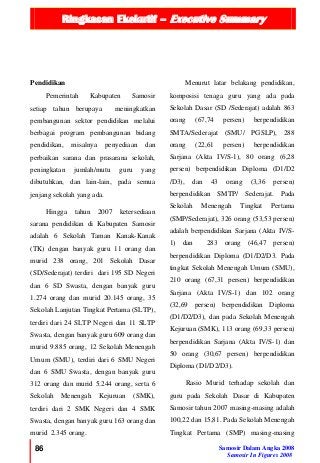 Ringkasan Ekekutif – Executive Summary
86 Samosir Dalam Angka 2008
Samosir In Figures 2008
Pendidikan
Pemerintah Kabupaten Samosir
setiap tahun berupaya meningkatkan
pembangunan sektor pendidikan melalui
berbagai program pembangunan bidang
pendidikan, misalnya penyediaan dan
perbaikan sarana dan prasarana sekolah,
peningkatan jumlah/mutu guru yang
dibutuhkan, dan lain-lain, pada semua
jenjang sekolah yang ada.
Hingga tahun 2007 ketersediaan
sarana pendidikan di Kabupaten Samosir
adalah 6 Sekolah Taman Kanak-Kanak
(TK) dengan banyak guru 11 orang dan
murid 238 orang, 201 Sekolah Dasar
(SD/Sederajat) terdiri dari 195 SD Negeri
dan 6 SD Swasta, dengan banyak guru
1.274 orang dan murid 20.145 orang, 35
Sekolah Lanjutan Tingkat Pertama (SLTP),
terdiri dari 24 SLTP Negeri dan 11 SLTP
Swasta, dengan banyak guru 609 orang dan
murid 9.885 orang, 12 Sekolah Menengah
Umum (SMU), terdiri dari 6 SMU Negeri
dan 6 SMU Swasta, dengan banyak guru
312 orang dan murid 5.244 orang, serta 6
Sekolah Menengah Kejuruan (SMK),
terdiri dari 2 SMK Negeri dan 4 SMK
Swasta, dengan banyak guru 163 orang dan
murid 2.345 orang.
Menurut latar belakang pendidikan,
komposisi tenaga guru yang ada pada
Sekolah Dasar (SD /Sederajat) adalah 863
orang (67,74 persen) berpendidikan
SMTA/Sederajat (SMU/ PGSLP), 288
orang (22,61 persen) berpendidikan
Sarjana (Akta IV/S-1), 80 orang (6,28
persen) berpendidikan Diploma (D1/D2
/D3), dan 43 orang (3,36 persen)
berpendidikan SMTP/ Sederajat. Pada
Sekolah Menengah Tingkat Pertama
(SMP/Sederajat), 326 orang (53,53 persen)
adalah berpendidikan Sarjana (Akta IV/S-
1) dan 283 orang (46,47 persen)
berpendidikan Diploma (D1/D2/D3. Pada
tingkat Sekolah Menengah Umum (SMU),
210 orang (67,31 persen) berpendidikan
Sarjana (Akta IV/S-1) dan 102 orang
(32,69 persen) berpendidikan Diploma
(D1/D2/D3), dan pada Sekolah Menengah
Kejuruan (SMK), 113 orang (69,33 persen)
berpendidikan Sarjana (Akta IV/S-1) dan
50 orang (30,67 persen) berpendidikan
Diploma (D1/D2/D3).
Rasio Murid terhadap sekolah dan
guru pada Sekolah Dasar di Kabupaten
Samosir tahun 2007 masing-masing adalah
100,22 dan 15,81. Pada Sekolah Menengah
Tingkat Pertama (SMP) masing-masing
 