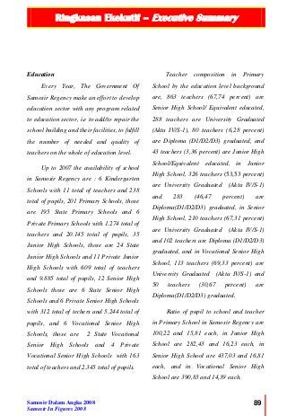 Ringkasan Ekekutif – Executive Summary
Samosir Dalam Angka 2008
Samosir In Figures 2008
89
Education
Every Year, The Government Of
Samosir Regency make an effort to develop
education sector with any program related
to education sector, i.e to add/to repair the
school building and their facilities, to fulfill
the number of needed and quality of
teachers on the whole of education level.
Up to 2007 the availability of school
in Samosir Regency are : 6 Kindergarten
Schools with 11 total of teachers and 238
total of pupils, 201 Primary Schools, those
are 195 State Primary Schools and 6
Private Primary Schools with 1.274 total of
teachers and 20.145 total of pupils, 35
Junior High Schools, those are 24 State
Junior High Schools and 11 Private Junior
High Schools with 609 total of teachers
and 9.885 total of pupils, 12 Senior High
Schools those are 6 State Senior High
Schools and 6 Private Senior High Schools
with 312 total of techers and 5.244 total of
pupils, and 6 Vocational Senior High
Schools, those are 2 State Vocational
Senior High Schools and 4 Private
Vocational Senior High Schools with 163
total of teachers and 2.345 total of pupils.
Teacher composition in Primary
School by the education level background
are, 863 teachers (67,74 percent) are
Senior High School/ Equivalent educated,
288 teachers are University Graduated
(Akta IV/S-1), 80 teachers (6,28 percent)
are Diploma (D1/D2/D3) graduated, and
43 teachers (3,36 percent) are Junior High
School/Equivalent educated, in Junior
High School, 326 teachers (53,53 percent)
are University Graduated (Akta IV/S-1)
and 283 (46,47 percent) are
Diploma(D1/D2/D3) graduated, in Senior
High School, 210 teachers (67,31 percent)
are University Graduated (Akta IV/S-1)
and 102 teachers are Diploma (D1/D2/D3)
graduated, and in Vocational Senior High
School, 113 teachers (69,33 percent) are
University Graduated (Akta IV/S-1) and
50 teachers (30,67 percent) are
Diploma(D1/D2/D3) graduated.
Ratio of pupil to school and teacher
in Primary School in Samosir Regency are
100,22 and 15,81 each, in Junior High
School are 282,43 and 16,23 each, in
Senior High School are 437,03 and 16,81
each, and in Vocational Senior High
School are 390,83 and 14,39 each.
 