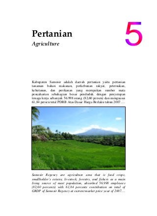 Pertanian                          
Agriculture                                 
 
Kabupaten Samosir adalah daerah pertanian yaitu pertanian
tanaman bahan makanan, perkebunan rakyat, peternakan,
kehutanan, dan perikanan yang merupakan sumber mata
pencaharian sebahagian besar penduduk dengan penyerapan
tenaga kerja sebanyak 56.998 orang (82,60 persen) dan menguasai
61,84 persen total PDRB Atas Dasar Harga Berlaku tahun 2007….
Samosir Regency are agriculture area that is food crops,
smallholder’s estates, livestock, forestry, and fishery as a main
living source of most population, absorbed 56.998 employees
(82,60 percents) with 61,84 percents contribution on total of
GRDP of Samosir Regency at current market price year of 2007.…
 