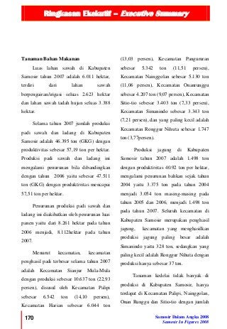 Ringkasan Ekekutif – Executive Summary
170 Samosir Dalam Angka 2008
Samosir In Figures 2008
Tanaman Bahan Makanan
Luas lahan sawah di Kabupaten
Samosir tahun 2007 adalah 6.011 hektar,
terdiri dari lahan sawah
berpengairan/irigasi seluas 2.623 hektar
dan lahan sawah tadah hujan seluas 3.388
hektar.
Selama tahun 2007 jumlah produksi
padi sawah dan ladang di Kabupaten
Samosir adalah 46.395 ton (GKG) dengan
produktivitas sebesar 57,19 ton per hektar.
Produksi padi sawah dan ladang ini
mengalami penurunan bila dibandingkan
dengan tahun 2006 yaitu sebesar 47.511
ton (GKG) dengan produktivitas mencapai
57,51 ton per hektar.
Penurunan produksi padi sawah dan
ladang ini diakibatkan oleh penurunan luas
panen yaitu dari 8.261 hektar pada tahun
2006 menjadi, 8.112hektar pada tahun
2007.
Menurut kecamatan, kecamatan
penghasil padi terbesar selama tahun 2007
adalah Kecamatan Sianjur Mula-Mula
dengan produksi sebesar 10.637 ton (22,93
persen), disusul oleh Kecamatan Palipi
sebesar 6.542 ton (14,10 persen),
Kecamatan Harian sebesar 6.044 ton
(13,03 persen), Kecamatan Pangururan
sebesar 5.342 ton (11,51 persen),
Kecamatan Nainggolan sebesar 5.130 ton
(11,06 persen), Kecamatan Onanrunggu
sebesar 4.207 ton (9,07 persen), Kecamatan
Sitio-tio sebesar 3.403 ton (7,33 persen),
Kecamatan Simanindo sebesar 3.343 ton
(7,21 persen), dan yang paling kecil adalah
Kecamatan Ronggur Nihuta sebesar 1.747
ton (3,77persen).
Produksi jagung di Kabupaten
Samosir tahun 2007 adalah 1.498 ton
dengan produktivitas 40.92 ton per hektar,
mengalami penurunan bahkan sejak tahun
2004 yaitu 3.375 ton pada tahun 2004
menjadi 3.054 ton masing-masing pada
tahun 2005 dan 2006, menjadi 1.498 ton
pada tahun 2007. Seluruh kecamatan di
Kabupaten Samosir merupakan penghasil
jagung, kecamatan yang menghasilkan
produksi jagung paling besar adalah
Simanindo yaitu 328 ton, sedangkan yang
paling kecil adalah Ronggur Nihuta dengan
produksi hanya sebesar 37 ton.
Tanaman kedelai tidak banyak di
produksi di Kabupaten Samosir, hanya
terdapat di Kecamatan Palipi, Nainggolan,
Onan Runggu dan Sitio-tio dengan jumlah
 