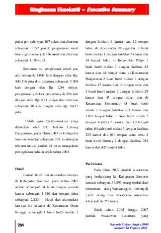 Ringkasan Eksekutif – Executive Summary
284 Samosir Dalam Angka 2008
Samosir In Figures 2008
paket pos sebanyak 107 paket dan diterima
sebanyak 1.352 paket, pengiriman surat
luar negeri sebanyak 866 surat dan diterima
sebanyak 1.186 surat.
Sementar itu pengiriman wesel pos
ada sebanyak 1.044 kali dengan nilai Rp.
440,516 juta dan diterima sebanyak 5.508
kali dengan nilai Rp. 2,86 milyar,
pengiriman giro/cek pos sebanyak 598 kali
dengan nilai Rp. 5,81 milyar dan diterima
sebanyak 30 kali dengan nilai Rp. 84,52
juta.
Untuk jasa telekomunikasi yang
dilakukan oleh PT. Telkom Cabang
Pangurunan, pada tahun 2007 di Kabupaten
Samosir tercatat sebanyak 923 sambungan
telepon induk, jumlah ini terus mengalami
peningkatan bahkan sejak tahun 2003.
Hotel
Jumlah hotel dan akomodasi lainnya
di Kabupaten Samosir pada tahun 2007
adalah sebanyak 84 buah dengan jumlah
kamar sebanyak 1.340 dan tempat tidur
sebanyak 2.220. Hotel dan akomodasi
lainnya ini terdapat di Kecamatan Onan
Runggu sebanyak 1 buah hotel melati 1
dengan fasilitas 6 kamar dan 12 tempat
tidur, di Kecamatan Nainggolan 1 buah
hotel melati 1 dengan fasilitas 7 kamar dan
14 tempat tidur, di Kecamatan Palipi 1
buah hotel melati 3 dengan fasilitas 25
kamar dan 44 tempat tidur, di Kecamatan
Pangururan 2 buah hotel melati 1 dengan
fasilitas 15 kamar dan 19 tempat tidur dan
3 buah hotel melati 2 dengan fasilitas 29
kamar dan 45 tempat tidur, dan di
Kecamatan Simanindo 65 buah hotel
melati 1 dengan fasilitas 721 kamar dan
1.036 tempat tidur, 1 buah hotel melati 2
dengan fasilitas 5 kamar dan 10 tempat
tidur, 6 buah hotel melati 3 dengan fasilitas
323 kamar dan 664 tempat tidur, serta 4
buah hotel bintang 2 dengan fasilitas 234
kamar dan 420 tempat tidur.
Pariwisata
Pada tahun 2007 jumlah wisatawan
yang berkunjung ke Kabupaten Samosir
tercatat sebanyak 33.897 orang terdiri dari
wisatawan asing/mancanegara sebanyak
7.639 orang dan wisatawan nusantara
sebanyak 26.258 orang.
Sejak tahun 2005 hingga 2007
jumlah wisatawan nusantara yang
 
