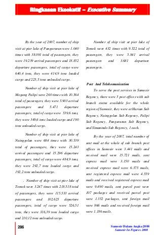 Ringkasan Eksekutif – Executive Summary
286 Samosir Dalam Angka 2008
Samosir In Figures 2008
By the year of 2007, number of ship
visit at pier lake of Pangururan were 1.040
times with 38.091 total of passengers, they
were 19.239 arrival passengers and 18.852
departure passengers, total of cargo were
640,4 tons, they were 414,9 tons loaded
cargo and 225,5 tons unloaded cargo.
Number of ship visit at pier lake of
Mogang Palipi were 260 times with 10.564
total of passengers, they were 5.903 arrival
passengers and 5.471 departure
passengers, total of cargo were 539,6 tons,
they were 349,6 tons loaded cargo and 190
tons unloaded cargo.
Number of ship visit at pier lake of
Nainggolan were 684 times with 30.539
total of passengers, they were 15.243
arrival passengers and 15.296 departure
passengers, total of cargo were 484,9 tons,
they were 292,7 tons loaded cargo and
192,2 tons unloaded cargo.
. Number of ship visit at pier lake of
Tomok were 3.247 times with 218.518 total
of passengers, they were 115.533 arrival
passengers and 102.625 departure
passengers, total of cargo were 526,51
tons, they were 316,39 tons loaded cargo
and 210,12 tons unloaded cargo.
Number of ship visit at pier lake of
Tomok were 432 times with 9.522 total of
passengers, they were 5.841 arrival
passengers and 3.681 departure
passengers.
Post And Telekomunication
To serve the post services in Samosir
Regency, there were 5 post offices with sub
branch status available for the whole
region of Samosir, they were at Harian Sub
Regency, Nainggolan Sub Regency, Palipi
Sub Regency, Pangururan Sub Regency,
and Simanindo Sub Regency, 1 each.
By the year of 2007, total number of
sent mail at the whole of sub branch post
offices in Samosir were 3.441 mails and
received mail were 15.721 mails, sent
express mail were 3.150 mails and
received express mail were 6.375 mails,
sent registered express mail were 4.559
mails and received registered express mail
were 9.490 mails, sent parcel post were
107 packages and received parcel post
were 1.352 packages, sent foreign mail
were 866 mails and received foreign mail
were 1.186 mails.
 