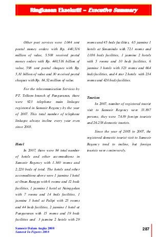 Ringkasan Eksekutif – Executive Summary
Samosir Dalam Angka 2008
Samosir In Figures 2008
287
Other post services were 1.044 sent
postal money orders with Rp. 440,516
million of value, 5.508 received postal
money orders with Rp. 440,516 billion of
value, 598 sent postal cheques with Rp.
5,81 billion of value and 30 received postal
cheques with Rp. 84,52 million of value.
For the telecomunication Services by
PT. Telkom branch of Pangururan, there
were 923 telephone main linkages
registered in Samosir Regency by the year
of 2007. This total number of telephone
linkages always incline every year even
since 2003.
Hotel
In 2007, there were 84 total number
of hotels and other accomodtions in
Samosir Regency with 1.340 rooms and
2.220 beds of total. The hotels and other
accomodtions above were 1 jasmine 1 hotel
at Onan Runggu with 6 rooms and 12 beds
facilities, 1 jasmine 1 hotel at Nainggolan
with 7 rooms and 14 beds facilities, 1
jasmine 3 hotel at Palipi with 25 rooms
and 44 beds facilities, 2 jasmine 1 hotel at
Pangururan with 15 rooms and 19 beds
facilities and 3 jasmine 2 hotels with 29
rooms and 45 beds facilities, 65 jasmine 1
hotels at Simanindo with 721 rooms and
1.036 beds facilities, 1 jasmine 2 hotels
with 5 rooms and 10 beds facilities, 6
jasmine 3 hotels with 323 rooms and 664
beds facilities, and 4 star 2 hotels with 234
rooms and 420 beds facilities.
Tourism
In 2007, number of registered tourist
visit to Samosir Regency were 33.897
persons, they were 7.639 foreign tourists
and 26.258 domestic tourists.
Since the year of 2005 to 2007, the
registered domestic tourist visit to Samosir
Regency tend to incline, but foreign
tourists were controversly.
 