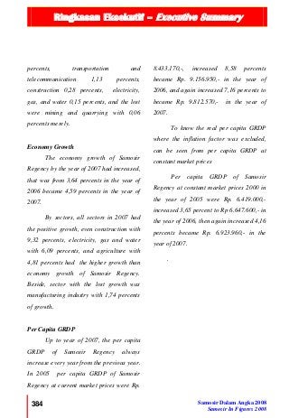 Ringkasan Eksekutif – Executive Summary
384 Samosir Dalam Angka 2008
Samosir In Figures 2008
percents, transportation and
telecommunication 1,13 percents,
construction 0,28 percents, electricity,
gas, and water 0,15 percents, and the lost
were mining and quarrying with 0,06
percents merely.
Economy Growth
The economy growth of Samosir
Regency by the year of 2007 had increased,
that was from 3,64 percents in the year of
2006 became 4,59 percents in the year of
2007.
By sectors, all sectors in 2007 had
the positive growth, even construction with
9,32 percents, electricity, gas and water
with 6,09 percents, and agriculture with
4,81 percents had the higher growth than
economy growth of Samosir Regency.
Beside, sector with the lost growth was
manufacturing industry with 1,74 percents
of growth.
Per Capita GRDP
Up to year of 2007, the per capita
GRDP of Samosir Regency always
increase every year from the previous year.
In 2005 per capita GRDP of Samosir
Regency at current market prices were Rp.
8.433.170,-, increased 8,58 percents
became Rp. 9.156.950,- in the year of
2006, and again increased 7,16 percents to
became Rp. 9.812.570,- in the year of
2007.
To know the real per capita GRDP
where the inflation factor was excluded,
can be seen from per capita GRDP at
constant market prices
Per capita GRDP of Samosir
Regency at constant market prices 2000 in
the year of 2005 were Rp. 6.419.000,-
increased 3,65 percent to Rp 6.647.600,- in
the year of 2006, then again increased 4,16
percents became Rp. 6.923.960,- in the
year of 2007.
.
 