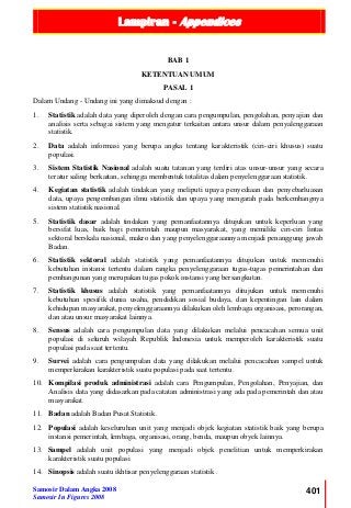 Lampiran - Appendices
Samosir Dalam Angka 2008
Samosir In Figures 2008
401
BAB 1
KETENTUAN UMUM
PASAL 1
Dalam Undang - Undang ini yang dimaksud dengan :
1. Statistik adalah data yang diperoleh dengan cara pengumpulan, pengolahan, penyajian dan
analisis serta sebagai sistem yang mengatur terkaitan antara unsur dalam penyalenggaraan
statistik.
2. Data adalah informasi yang berupa angka tentang karakteristik (ciri-ciri khusus) suatu
populasi.
3. Sistem Statistik Nasional adalah suatu tatanan yang terdiri atas unsur-unsur yang secara
teratur saling berkaitan, sehingga membentuk totalitas dalam penyelenggaraan statistik.
4. Kegiatan statistik adalah tindakan yang meliputi upaya penyediaan dan penyebarluasan
data, upaya pengembangan ilmu statistik dan upaya yang mengarah pada berkembangnya
sistem statistik nasional.
5. Statistik dasar adalah tindakan yang pemanfaatannya ditujukan untuk keperluan yang
bersifat luas, baik bagi pemerintah maupun masyarakat, yang memiliki ciri-ciri lintas
sektoral berskala nasional, makro dan yang penyelenggaraannya menjadi penanggung jawab
Badan.
6. Statistik sektoral adalah statistik yang pemanfaatannya ditujukan untuk memenuhi
kebutuhan instansi tertentu dalam rangka penyelenggaraan tugas-tugas pemerintahan dan
pembangunan yang merupakan tugas pokok instansi yang bersangkutan.
7. Statistik khusus adalah statistik yang pemanfaatannya ditujukan untuk memenuhi
kebutuhan spesifik dunia usaha, pendidikan sosial budaya, dan kepentingan lain dalam
kehidupan masyarakat, penyelenggaraannya dilakukan oleh lembaga organisasi, perorangan,
dan atau unsur masyarakat lainnya.
8. Sensus adalah cara pengumpulan data yang dilakukan melalui pencacahan semua unit
populasi di seluruh wilayah Republik Indonesia untuk memperoleh karakteristik suatu
populasi pada saat tertentu.
9. Survei adalah cara pengumpulan data yang dilakukan melalui pencacahan sampel untuk
memperkirakan karakteristik suatu populasi pada saat tertentu.
10. Kompilasi produk administrasi adalah cara Pengumpulan, Pengolahan, Penyajian, dan
Analisis data yang didasarkan pada catatan administrasi yang ada pada pemerintah dan atau
masyarakat.
11. Badan adalah Badan Pusat Statistik.
12. Populasi adalah keseluruhan unit yang menjadi objek kegiatan statistik baik yang berupa
instansi pemerintah, lembaga, organisasi, orang, benda, maupun obyek lainnya.
13. Sampel adalah unit populasi yang menjadi objek penelitian untuk memperkirakan
karakteristik suatu populasi
14. Sinopsis adalah suatu ikhtisar penyelenggaraan statistik .
 