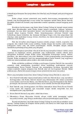 Lampiran - Appendices
412 Samosir Dalam Angka 2008
Samosir In Figures 2008
perkembangan kemajuan ilmu pengetahuan dan teknologi yang berdampak pada penyelenggaraan
statistik.
Badan sebagai instansi pemerintah yang mandiri berwewenang mengumumkan hasil
Satistik yang diselenggarakannya secara teratur dan transparan melalui Berita Resmi Statistik.
Kesahihan seluruh hasil Statistik yang diumumkan tersebut sepenuhnya menjadi tanggung jawab
Badan.
Koordinasi dan kerjasama yang diatur dalam Undang-Undang ini menjadi sangat penting
untuk dapat dikembangkan antara Badan dengan instansi pemerintah, lembaga, organisasi,
perorangan, dan atau unsur masyarakat lainnya, serta kerjasama dengan lembaga asing yang
bergerak dalam kegiatan Statistik. Makin beranekaragamnya informasi Statistik yang
berkembang dengan kebutuhan dan kemajuan kehidupan bangsa serta ilmu pengetahuan dan
teknologi, maka pembakuan konsep, defenisi, klasifikasi, dan ukuran-ukuran perlu memperoleh
perhatian secara seksama.
Hak dan kewajiban penyelenggara kegiatan statistik, petugas statistik, responden, dan
pengguna data statistik diatur secara seimbang. Sejalan dengan hal tersebut, sanksi terhadap
pelanggaran norma yang ada dalam penyelenggara statistik ditetapkan dengan maksud
memberikan perlindungan bagi pihak yang dirugikan.
Badan mempunyai perwakilan wilayah di daerah yang merupakan instansi vertikal, satuan
organisasi di lingkungan instansi pemerintah yang melaksanakan statistik sektoral harus
mengadakan koordinasi dengan Badan dalam menerapkan keseragaman konsep, definisi,
klasifikasi, dan ukura-ukuran yang telah dibakukan. Untuk mengoptimalkan penyelenggaraan
Statistik, Badan memperoleh saran dan mempertimbangkan Forum Statistik yang anggotanya
terdiri atas unsur pemerintah, pakar, praktisi, dan tokoh masyarakat.
Badan melakukan pembinaan terhadap penyelenggara kegiatan Statistik dan masyarakat
umumnya untuk meningkatkan konstrubusi dalam mendukung pembangunan nasional,
mengembangkan Sistem Statistik Nasional, dan meningkatkan kesadaran masyarakat baik
sebagai responden maupun pengguna data Statistik akan arti dan kegunaan Statistik. Dalam
pelaksanaanya, Badan bekerjasama dengan instansi pemerintah dan unsur masyarakat.
Materi yang merupakan muatan baru dalam Undang-Undang tentang Statistik ini, antara lain :
1. Jenis Statistik berdasarkan tujuan pemanfaatanya terdiri atas Statistik dasar, yang sepenuhnya
diselenggarakan oleh Badan, Statistik sektoral yang dilaksanakan oleh instansi pemerintah
secara mandiri atau bersama Badan, serta Statistik khusus yang diselenggarakan oleh Badan,
perorangan, dan atau unsur masyarakat lainnya secara mandiri atau bersama dengan Badan.
2. Hasil Statistik yang diselenggarakan oleh Badan diumumkan dalam Berita Resmi Statistik
secara teratur dan tranparan agar masyarakat dengan mudah mengetahui dan atau
mendapatkan data yang diperlukan.
3. Sistem Statistik Nasional yang andal , efektif dan efesien.
4. Dibentuknya Forum Masyarakat Statistik sebagai wadah untuk menampung aspirasi
masyarakat statistik, yang bertugas memberikan saran dan pertimbangan kepada Badan.
Ketentuan-ketentuan yang diatur dalam Undang-Undang ini perlu dimasyarakatkan secara
intensip. Undang-Undang ini mengatur hal-hal pokok, oleh karena itu lebih lanjut akan diatur
dalam peraturan pelaksanaanya.
 