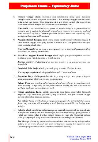 Penjelasan Umum – Explanatory Notes
lxvi Samosir Dalam Angka 2008
Samosir In Figures 2008
8. Rumah Tangga adalah seseorang atau sekelompok orang yang mendiami
sebagian atau seluruh bangunan fisik/sensus, dan biasanya tinggal bersama serta
makan dari satu dapur. Yang dimaksud dari satu dapar adalah jika pengurusan
kebutuhan sehari-harinya dikelola bersama-sama menjadi satu.
Household is an individual or a group of people living in a physical/census
building unit or part of it and usually commit on a common provision for food and
other essentials of living. Common provision for food means one organizing daily
needs for all of household members.
9. Anggota Rumah Tangga adalah semua orang yang biasanya bertempat tinggal di
suatu rumah tangga, baik yang berada di rumah pada saat pencacahan maupun
yang sementara tidak ada.
Household Member is a person who usually live in a household regardless their
location at the time of enumeration.
10. Rata-Rata Anggota Rumah Tangga adalah angka yang menunjukkan rata-rata
jumlah anggota rumah tangga per rumah tangga
Average Number of Household is average number of household member per
household
11. Penduduk Usia Kerja adalah penduduk yang berumur 15 tahun ke atas .
Working age population is the population aged 15 years and over
12. Angkatan Kerja adalah penduduk usia kerja yang bekerja, atau punya pekerjaan
namun sementara tidak bekerja, dan pengangguran
Labour Force are people aged 15 years old and over who, in the previous week,
were working , temporarily absent from work but having job, and those who did
not have work and were looking for work.
13. Bukan Angkatan Kerja adalah penduduk usia kerja yang tidak termasuk
angkatan kerja mencakup penduduk yang bersekolah, mengurus rumah tangga,
atau melaksanakan kegiatan lainnya.
Not Labour Force are Working age population people who not included in labour
force, they are who still attending school, keeping household, or having other
activity.
14. Bekerja adalah melakukan pekerjaan dengan maksud memperoleh atau membantu
memperoleh pendapatan atau keuntungan dan lamanya bekerja paling sedikit 1
(satu) jam secara tidak terputus selama seminggu yang lalu (termasuk pekerja
keluarga tanpa upah yang membantu dalam suatu usaha/kegiatan ekonomi.
The Concept of working means activity intended to earn income by doing work or
helping to do work at least one hour continuously during the reference week
(including unpaid family worker/s for any economic activity).
 