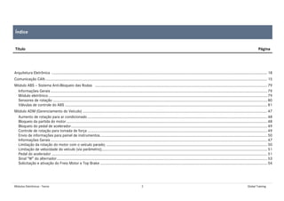 Módulos Eletrônicos - Teoria 2 Global Training
Título Página
Arquitetura Eletrônica ................................................................................................................................................................................................................. 18
Comunicação CAN....................................................................................................................................................................................................................... 15
Módulo ABS – Sistema Anti-Bloqueio das Rodas ....................................................................................................................................................................... 79
Informações Gerais.................................................................................................................................................................................................................. 79
Módulo eletrônico .................................................................................................................................................................................................................... 79
Sensores de rotação ................................................................................................................................................................................................................ 80
Válvulas de controle do ABS .................................................................................................................................................................................................... 81
Módulo ADM (Gerenciamento do Veículo) ................................................................................................................................................................................... 47
Aumento de rotação para ar condicionado .............................................................................................................................................................................. 48
Bloqueio da partida do motor................................................................................................................................................................................................... 48
Bloqueio do pedal de acelerador.............................................................................................................................................................................................. 49
Controle de rotação para tomada de força .............................................................................................................................................................................. 49
Envio de informações para painel de instrumentos.................................................................................................................................................................. 50
Informações Gerais.................................................................................................................................................................................................................. 47
Limitação da rotação do motor com o veículo parado; ............................................................................................................................................................ 50
Limitação de velocidade do veículo (via parâmetro);................................................................................................................................................................ 51
Pedal do acelerador ................................................................................................................................................................................................................. 51
Sinal “W” do alternador............................................................................................................................................................................................................ 53
Solicitação e ativação do Freio Motor e Top Brake .................................................................................................................................................................. 54
Índice
 