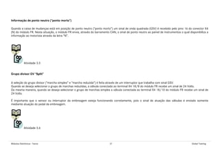 Módulos Eletrônicos - Teoria 27 Global Training
Informação de ponto neutro (“ponto morto”)
Quando a caixa de mudanças está em posição de ponto neutro (“ponto morto”) um sinal de onda quadrada (GSV) é recebido pelo pino 16 do conector X4
(N) do módulo FR. Nesta situação, o módulo FR envia, através do barramento CAN, o sinal de ponto neutro ao painel de instrumentos o qual disponibiliza a
informação ao motorista através da letra “N”.
Atividade 3.5
Grupo divisor GV “Split”
A seleção do grupo divisor (“marcha simples” e “marcha reduzida”) é feita através de um interruptor que trabalha com sinal GSV.
Quando se deseja selecionar o grupo de marchas reduzidas, a válvula conectada ao terminal X4 18/8 do módulo FR recebe um sinal de 24 Volts.
Da mesma maneira, quando se deseja selecionar o grupo de marchas simples a válvula conectada ao terminal X4 18/10 do módulo FR recebe um sinal de
24 Volts.
É importante que o sensor ou interruptor da embreagem esteja funcionando corretamente, pois o sinal de atuação das válvulas é enviado somente
mediante atuação do pedal da embreagem.
Atividade 3.6
 