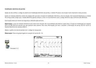 Módulos Eletrônicos - Teoria 40 Global Training
Imobilizador eletrônico de partida
Apesar de não verificar o código do sistema de imobilização eletrônico de partida, o módulo FR possui uma função muito importante neste processo.
Existe um endereço eletrônico dentro do módulo (bit) que ativa a função de imobilizador eletrônico; uma vez ativada, não é possível desativá-la e o módulo
FR começa então a exigir que o módulo MR (PLD) apenas coloque o motor em funcionamento caso o código eletrônico seja conhecido pelo MR (PLD).
Esta função existe por motivos de segurança e dificulta ações de furto.
Observação: a troca de módulos eletrônicos para teste entre veículos não é aconselhada pela fábrica e pode ativar a função de imobilização em módulos
(FR e/ou MR (PLD) de veículos que não possuam este sistema. Para mais informações, por favor, consultar a informação de serviço (IS) 00 16/05 no
Sistema Eletrônico de Literatura (SELiT).
Abaixo, o gráfico do sinal de partida com o código do transponder.
Observação: Chave de ignição ligada em posição de marcha (Kl. 15).
Atividade 3.12
 