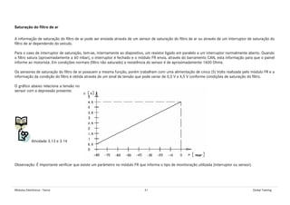 Módulos Eletrônicos - Teoria 41 Global Training
Saturação do filtro de ar
A informação de saturação do filtro de ar pode ser enviada através de um sensor de saturação do filtro de ar ou através de um interruptor de saturação do
filtro de ar dependendo do veículo.
Para o caso de interruptor de saturação, tem-se, internamente ao dispositivo, um resistor ligado em paralelo a um interruptor normalmente aberto. Quando
o filtro satura (aproximadamente a 60 mbar), o interruptor é fechado e o módulo FR envia, através do barramento CAN, esta informação para que o painel
informe ao motorista. Em condições normais (filtro não saturado) a resistência do sensor é de aproximadamente 1600 Ohms.
Os sensores de saturação do filtro de ar possuem a mesma função, porém trabalham com uma alimentação de cinco (5) Volts realizada pelo módulo FR e a
informação da condição do filtro é obtida através de um sinal de tensão que pode variar de 0,5 V a 4,5 V conforme condições de saturação do filtro.
O gráfico abaixo relaciona a tensão no
sensor com a depressão presente:
Atividade 3.13 e 3.14
Observação: É importante verificar que existe um parâmetro no módulo FR que informa o tipo de monitoração utilizada (interruptor ou sensor).
 