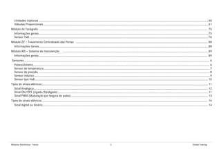 Módulos Eletrônicos - Teoria 5 Global Training
Unidades injetoras ................................................................................................................................................................................................................... 60
Válvulas Proporcionais............................................................................................................................................................................................................. 61
Módulo do Tacógrafo .................................................................................................................................................................................................................. 75
Informações gerais................................................................................................................................................................................................................... 75
Sensor Hall............................................................................................................................................................................................................................... 76
Módulo ZV – Travamento Centralizado das Portas .................................................................................................................................................................... 88
Informações Gerais.................................................................................................................................................................................................................. 88
Módulo WS – Sistema de manutenção ..................................................................................................................................................................................... 89
Informações gerais................................................................................................................................................................................................................... 89
Sensores....................................................................................................................................................................................................................................... 6
Potenciômetro............................................................................................................................................................................................................................ 6
Sensor de temperatura .............................................................................................................................................................................................................. 7
Sensor de pressão ..................................................................................................................................................................................................................... 8
Sensor indutivo .......................................................................................................................................................................................................................... 9
Sensor tipo Hall........................................................................................................................................................................................................................ 10
Tipos de sinais elétricos............................................................................................................................................................................................................... 11
Sinal Analógico......................................................................................................................................................................................................................... 12
Sinal ON/OFF (Ligado/Desligado)........................................................................................................................................................................................... 11
Sinal PWM (Modulação por largura de pulso)........................................................................................................................................................................... 13
Tipos de sinais elétricos............................................................................................................................................................................................................... 14
Sinal digital ou binário.............................................................................................................................................................................................................. 14
 