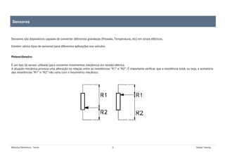 Módulos Eletrônicos - Teoria 6 Global Training
Sensores são dispositivos capazes de converter diferentes grandezas (Pressão, Temperatura, etc) em sinais elétricos.
Existem vários tipos de sensores para diferentes aplicações nos veículos.
Potenciômetro
É um tipo de sensor utilizado para converter movimentos mecânicos em tensão elétrica.
A atuação mecânica provoca uma alteração na relação entre as resistências “R1” e “R2”. É importante verificar que a resistência total, ou seja, a somatória
das resistências “R1” e “R2” não varia com o movimento mecânico.
Sensores
 