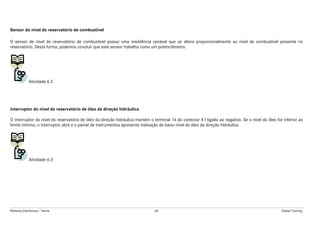 Módulos Eletrônicos - Teoria 68 Global Training
Sensor do nível do reservatório de combustível
O sensor de nível do reservatório de combustível possui uma resistência variável que se altera proporcionalmente ao nível de combustível presente no
reservatório. Desta forma, podemos concluir que este sensor trabalha como um potenciômetro.
Atividade 6.2
Interruptor do nível do reservatório de óleo da direção hidráulica
O interruptor do nível do reservatório de óleo da direção hidráulica mantém o terminal 14 do conector X1 ligado ao negativo. Se o nível do óleo for inferior ao
limite mínimo, o interruptor abre e o painel de instrumentos apresenta indicação de baixo nível do óleo da direção hidráulica.
Atividade 6.3
 
