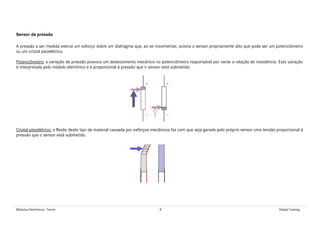 Módulos Eletrônicos - Teoria 8 Global Training
Sensor de pressão
A pressão a ser medida exerce um esforço sobre um diafragma que, ao se movimentar, aciona o sensor propriamente dito que pode ser um potenciômetro
ou um cristal piezelétrico.
Potenciômetro: a variação de pressão provoca um deslocamento mecânico no potenciômetro responsável por variar a relação de resistência. Esta variação
é interpretada pelo módulo eletrônico e é proporcional à pressão que o sensor está submetido.
Cristal piezelétrico: a flexão deste tipo de material causada por esforços mecânicos faz com que seja gerada pelo próprio sensor uma tensão proporcional à
pressão que o sensor está submetido.
 