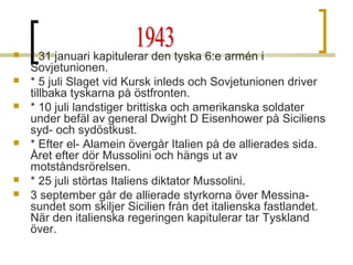 








* 31 januari kapitulerar den tyska 6:e armén i
Sovjetunionen.
* 5 juli Slaget vid Kursk inleds och Sovjetunionen driver
tillbaka tyskarna på östfronten.
* 10 juli landstiger brittiska och amerikanska soldater
under befäl av general Dwight D Eisenhower på Siciliens
syd- och sydöstkust.
* Efter el- Alamein övergår Italien på de allierades sida.
Året efter dör Mussolini och hängs ut av
motståndsrörelsen.
* 25 juli störtas Italiens diktator Mussolini.
3 september går de allierade styrkorna över Messinasundet som skiljer Sicilien från det italienska fastlandet.
När den italienska regeringen kapitulerar tar Tyskland
över.

 