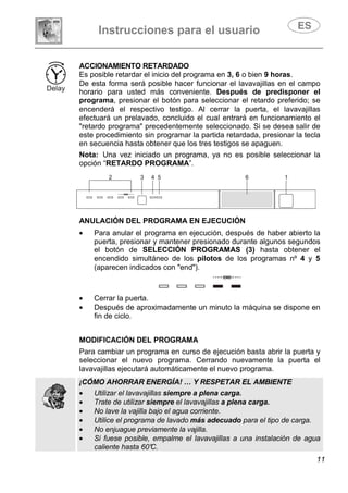 Instrucciones para el usuario
11
ACCIONAMIENTO RETARDADO
Es posible retardar el inicio del programa en 3, 6 o bien 9 horas.
De esta forma será posible hacer funcionar el lavavajillas en el campo
horario para usted más conveniente. Después de predisponer el
programa, presionar el botón para seleccionar el retardo preferido; se
encenderá el respectivo testigo. Al cerrar la puerta, el lavavajillas
efectuará un prelavado, concluido el cual entrará en funcionamiento el
"retardo programa" precedentemente seleccionado. Si se desea salir de
este procedimiento sin programar la partida retardada, presionar la tecla
en secuencia hasta obtener que los tres testigos se apaguen.
Nota: Una vez iniciado un programa, ya no es posible seleccionar la
opción “RETARDO PROGRAMA”.
ANULACIÓN DEL PROGRAMA EN EJECUCIÓN
• Para anular el programa en ejecución, después de haber abierto la
puerta, presionar y mantener presionado durante algunos segundos
el botón de SELECCIÓN PROGRAMAS (3) hasta obtener el
encendido simultáneo de los pilotos de los programas nº 4 y 5
(aparecen indicados con "end").
• Cerrar la puerta.
• Después de aproximadamente un minuto la máquina se dispone en
fin de ciclo.
MODIFICACIÓN DEL PROGRAMA
Para cambiar un programa en curso de ejecución basta abrir la puerta y
seleccionar el nuevo programa. Cerrando nuevamente la puerta el
lavavajillas ejecutará automáticamente el nuevo programa.
¡CÓMO AHORRAR ENERGÍA! … Y RESPETAR EL AMBIENTE
• Utilizar el lavavajillas siempre a plena carga.
• Trate de utilizar siempre el lavavajillas a plena carga.
• No lave la vajilla bajo el agua corriente.
• Utilice el programa de lavado más adecuado para el tipo de carga.
• No enjuague previamente la vajilla.
• Si fuese posible, empalme el lavavajillas a una instalación de agua
caliente hasta 60°C.
 