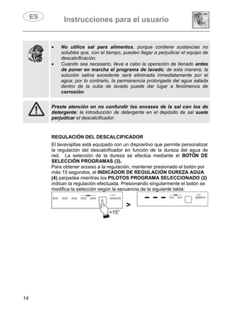 Instrucciones para el usuario
14
• No utilice sal para alimentos, porque contiene sustancias no
solubles que, con el tiempo, pueden llegar a perjudicar el equipo de
descalcificación.
• Cuando sea necesario, lleve a cabo la operación de llenado antes
de poner en marcha el programa de lavado; de esta manera, la
solución salina excedente será eliminada inmediatamente por el
agua; por lo contrario, la permanencia prolongada del agua salada
dentro de la cuba de lavado puede dar lugar a fenómenos de
corrosión.
Preste atención en no confundir los envases de la sal con los de
detergente: la introducción de detergente en el depósito de sal suele
perjudicar el descalcificador.
REGULACIÓN DEL DESCALCIFICADOR
El lavavajillas está equipado con un dispositivo que permite personalizar
la regulación del descalcificador en función de la dureza del agua de
red. La selección de la dureza se efectúa mediante el BOTÓN DE
SELECCIÓN PROGRAMAS (3).
Para obtener acceso a la regulación, mantener presionado el botón por
más 15 segundos, el INDICADOR DE REGULACIÓN DUREZA AGUA
(4) parpadea mientras los PILOTOS PROGRAMA SELECCIONADO (2)
indican la regulación efectuada. Presionando singularmente el botón se
modifica la selección según la secuencia de la siguiente tabla:
>
 