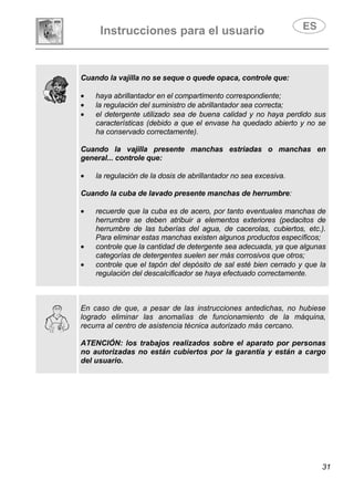Instrucciones para el usuario
31
Cuando la vajilla no se seque o quede opaca, controle que:
• haya abrillantador en el compartimento correspondiente;
• la regulación del suministro de abrillantador sea correcta;
• el detergente utilizado sea de buena calidad y no haya perdido sus
características (debido a que el envase ha quedado abierto y no se
ha conservado correctamente).
Cuando la vajilla presente manchas estriadas o manchas en
general... controle que:
• la regulación de la dosis de abrillantador no sea excesiva.
Cuando la cuba de lavado presente manchas de herrumbre:
• recuerde que la cuba es de acero, por tanto eventuales manchas de
herrumbre se deben atribuir a elementos exteriores (pedacitos de
herrumbre de las tuberías del agua, de cacerolas, cubiertos, etc.).
Para eliminar estas manchas existen algunos productos específicos;
• controle que la cantidad de detergente sea adecuada, ya que algunas
categorías de detergentes suelen ser más corrosivos que otros;
• controle que el tapón del depósito de sal esté bien cerrado y que la
regulación del descalcificador se haya efectuado correctamente.
En caso de que, a pesar de las instrucciones antedichas, no hubiese
logrado eliminar las anomalías de funcionamiento de la máquina,
recurra al centro de asistencia técnica autorizado más cercano.
ATENCIÓN: los trabajos realizados sobre el aparato por personas
no autorizadas no están cubiertos por la garantía y están a cargo
del usuario.
 