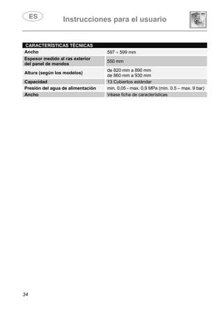 Instrucciones para el usuario
34
CARACTERÍSTICAS TÉCNICAS
Ancho 597 ÷ 599 mm
Espesor medido al ras exterior
del panel de mandos
550 mm
Altura (según los modelos)
de 820 mm a 890 mm
de 860 mm a 930 mm
Capacidad 13 Cubiertos estándar
Presión del agua de alimentación min. 0,05 - max. 0,9 MPa (min. 0.5 – max. 9 bar)
Ancho Véase ficha de características
 
