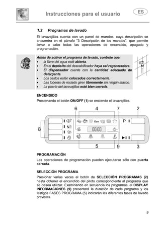 Instrucciones para el usuario
9
1.2 Programas de lavado
El lavavajillas cuenta con un panel de mandos, cuya descripción se
encuentra en el párrafo "3 Descripción de los mandos", que permite
llevar a cabo todas las operaciones de encendido, apagado y
programación.
Antes de activar el programa de lavado, controle que:
• la llave del agua esté abierta.
• En el depósito del descalcificador haya sal regeneradora.
• El dispensador cuente con la cantidad adecuada de
detergente.
• Los cestos estén colocados correctamente.
• Las toberas de rociado giren libremente sin ningún atasco.
• La puerta del lavavajillas esté bien cerrada.
ENCENDIDO
Presionando el botón ON/OFF (1) se enciende el lavavajillas.
PROGRAMACIÓN
Las operaciones de programación pueden ejecutarse sólo con puerta
cerrada.
SELECCIÓN PROGRAMA
Presionar varias veces el botón de SELECCIÓN PROGRAMAS (2)
hasta obtener el encendido del piloto correspondiente al programa que
se desea utilizar. Examinando en secuencia los programas, el DISPLAY
INFORMACIONES (9) presentará la duración de cada programa y los
testigos FASES PROGRAMA (5) indicarán las diferentes fases de lavado
previstas.
 
