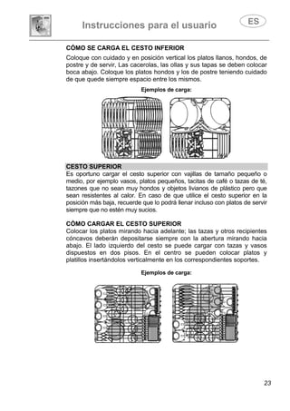 Instrucciones para el usuario
23
CÓMO SE CARGA EL CESTO INFERIOR
Coloque con cuidado y en posición vertical los platos llanos, hondos, de
postre y de servir, Las cacerolas, las ollas y sus tapas se deben colocar
boca abajo. Coloque los platos hondos y los de postre teniendo cuidado
de que quede siempre espacio entre los mismos.
Ejemplos de carga:
CESTO SUPERIOR
Es oportuno cargar el cesto superior con vajillas de tamaño pequeño o
medio, por ejemplo vasos, platos pequeños, tacitas de café o tazas de té,
tazones que no sean muy hondos y objetos livianos de plástico pero que
sean resistentes al calor. En caso de que utilice el cesto superior en la
posición más baja, recuerde que lo podrá llenar incluso con platos de servir
siempre que no estén muy sucios.
CÓMO CARGAR EL CESTO SUPERIOR
Colocar los platos mirando hacia adelante; las tazas y otros recipientes
cóncavos deberán depositarse siempre con la abertura mirando hacia
abajo. El lado izquierdo del cesto se puede cargar con tazas y vasos
dispuestos en dos pisos. En el centro se pueden colocar platos y
platillos insertándolos verticalmente en los correspondientes soportes.
Ejemplos de carga:
 
