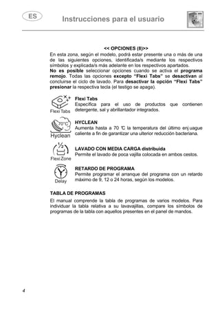 Instrucciones para el usuario
4
<< OPCIONES (8)>>
En esta zona, según el modelo, podrá estar presente una o más de una
de las siguientes opciones, identificada/s mediante los respectivos
símbolos y explicada/s más adelante en los respectivos apartados.
No es posible seleccionar opciones cuando se activa el programa
remojo. Todas las opciones excepto “Flexi Tabs” se desactivan al
concluirse el ciclo de lavado. Para desactivar la opción “Flexi Tabs”
presionar la respectiva tecla (el testigo se apaga).
Flexi Tabs
Específica para el uso de productos que contienen
detergente, sal y abrillantador integrados.
HYCLEAN
Aumenta hasta a 70 °C la temperatura del último enj uague
caliente a fin de garantizar una ulterior reducción bacteriana.
LAVADO CON MEDIA CARGA distribuida
Permite el lavado de poca vajilla colocada en ambos cestos.
RETARDO DE PROGRAMA
Permite programar el arranque del programa con un retardo
máximo de 9, 12 o 24 horas, según los modelos.
TABLA DE PROGRAMAS
El manual comprende la tabla de programas de varios modelos. Para
individuar la tabla relativa a su lavavajillas, compare los símbolos de
programas de la tabla con aquellos presentes en el panel de mandos.
 
