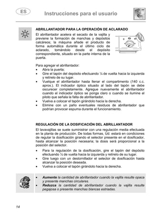 Instrucciones para el usuario
14
ABRILLANTADOR PARA LA OPERACIÓN DE ACLARADO
El abrillantador acelera el secado de la vajilla y
previene la formación de manchas y depósitos
calcáreos; la máquina añade el producto de
forma automática durante el último ciclo de
aclarado, tomándolo desde el depósito
correspondiente, situado en la parte interna de la
puerta.
Para agregar el abrillantador:
• Abra la puerta;
• Gire el tapón del depósito efectuando ¼ de vuelta hacia la izquierda
y retírelo de su lugar.
• Vuelque el abrillantador hasta llenar el compartimento (140 c.c.
aprox.). El indicador óptico situado al lado del tapón se debe
oscurecer completamente. Agregue nuevamente el abrillantador
cuando el indicador óptico se ponga claro o cuando se ilumine el
piloto que señala la falta de abrillantador.
• Vuelva a colocar el tapón girándolo hacia la derecha.
• Elimine con un paño eventuales residuos de abrillantador que
podrían provocar espuma durante el funcionamiento.
REGULACIÓN DE LA DOSIFICACIÓN DEL ABRILLANTADOR
El lavavajillas se suele suministrar con una regulación media efectuada
en la planta de producción. De todas formas, Ud. estará en condiciones
de regular la dosificación girando el selector presente en el dosificador,
hasta alcanzar la posición necesaria; la dosis será proporcional a la
posición del selector.
• Para la regulación de la dosificación, gire el tapón del depósito
efectuando ¼ de vuelta hacia la izquierda y retírelo de su lugar.
• Gire luego con un destornillador el selector de dosificación hasta
alcanzar la posición deseada.
• Vuelva a colocar el tapón girándolo hacia la derecha.
• Aumente la cantidad de abrillantador cuando la vajilla resulte opaca
y presente manchas circulares.
• Reduzca la cantidad de abrillantador cuando la vajilla resulte
pegajosa o presente manchas blancas estriadas.
 